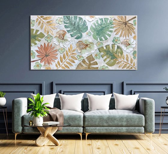 Tropical Haze - Garden Painting Green Plants Painting Summer Flowers Painting Custom Canvas Wall Art Living Room Wall Art Tropical Leaves Art