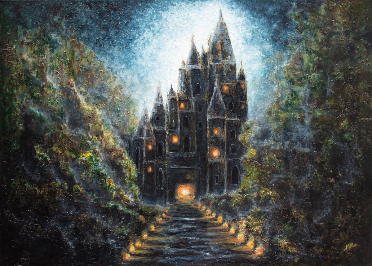 Expressive Landscape Oil Painting By Mila Moroko, 35 X 26", Mystical Castle, Original Artwork