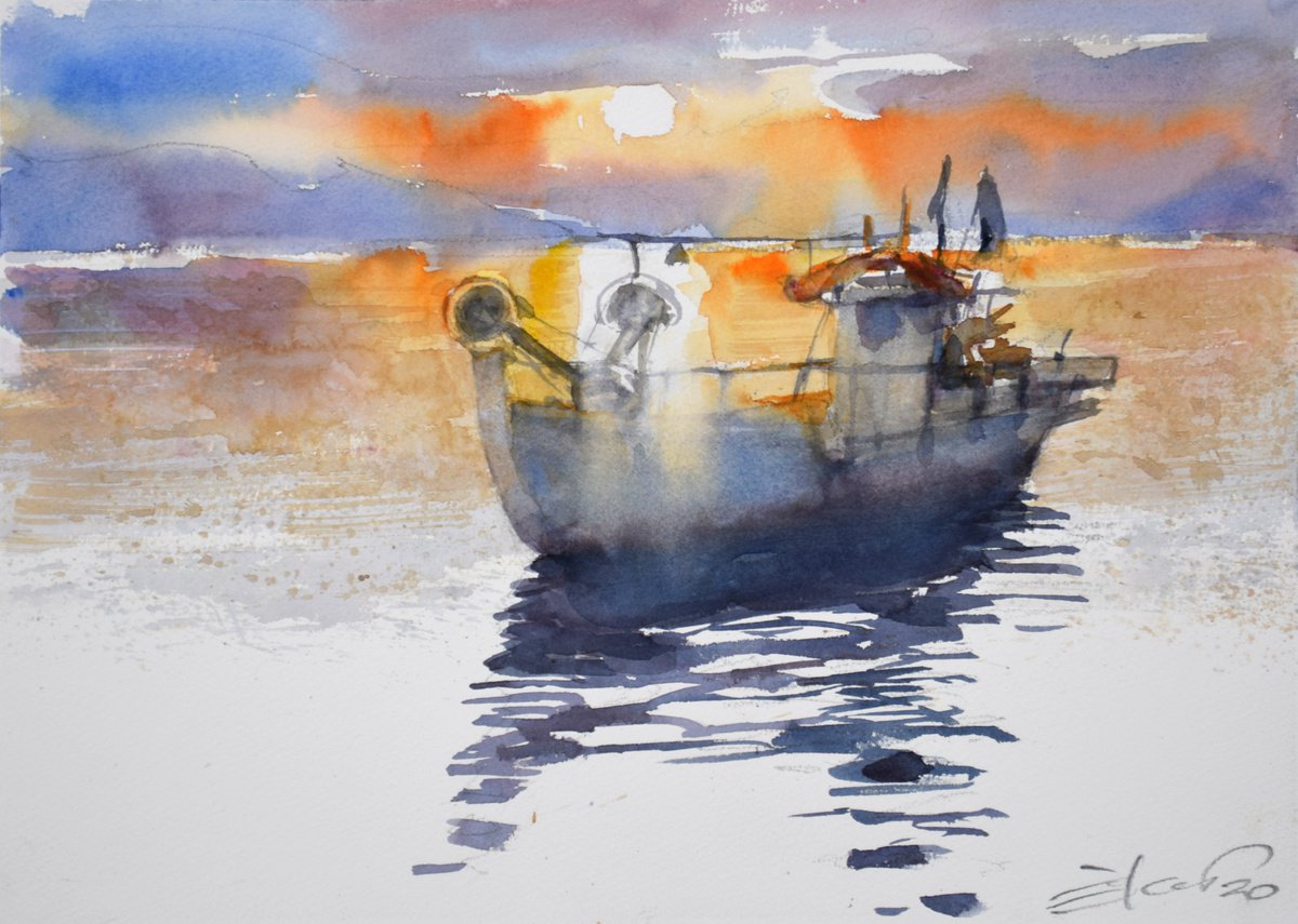 Fishing boat in sunset by Goran igoli? Watercolors