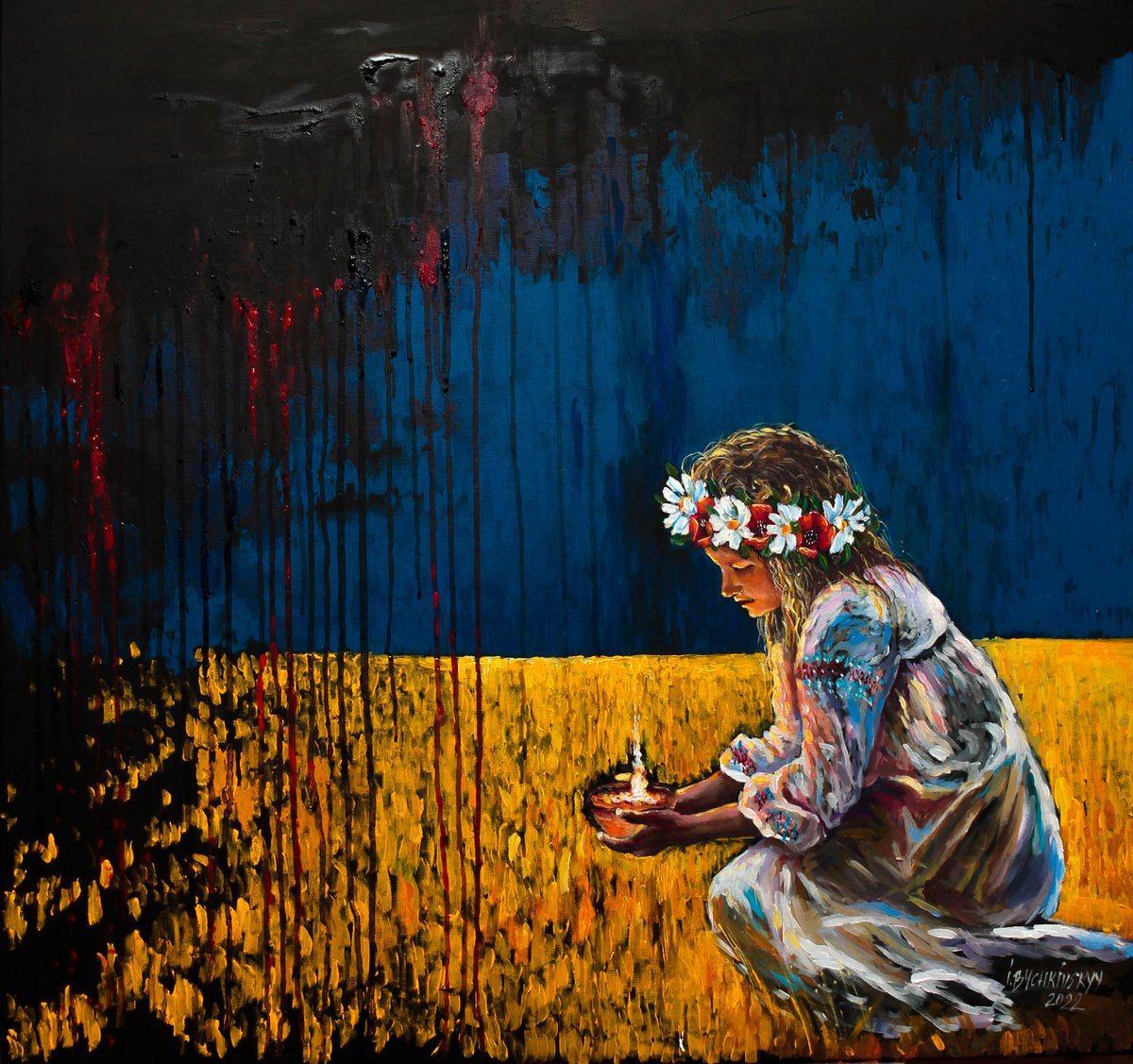 Expressive Portrait Acrylic Painting By Ihor Bychkivskyy, 37 X 35, Light For Ukraine - Hope For The Future., Original Artwork