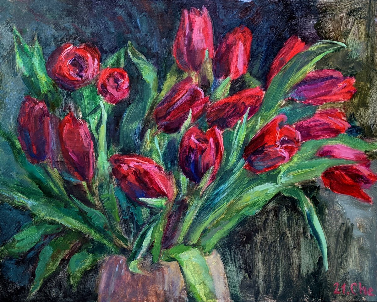 Tulips at dusk by Liudmyla Chemodanova