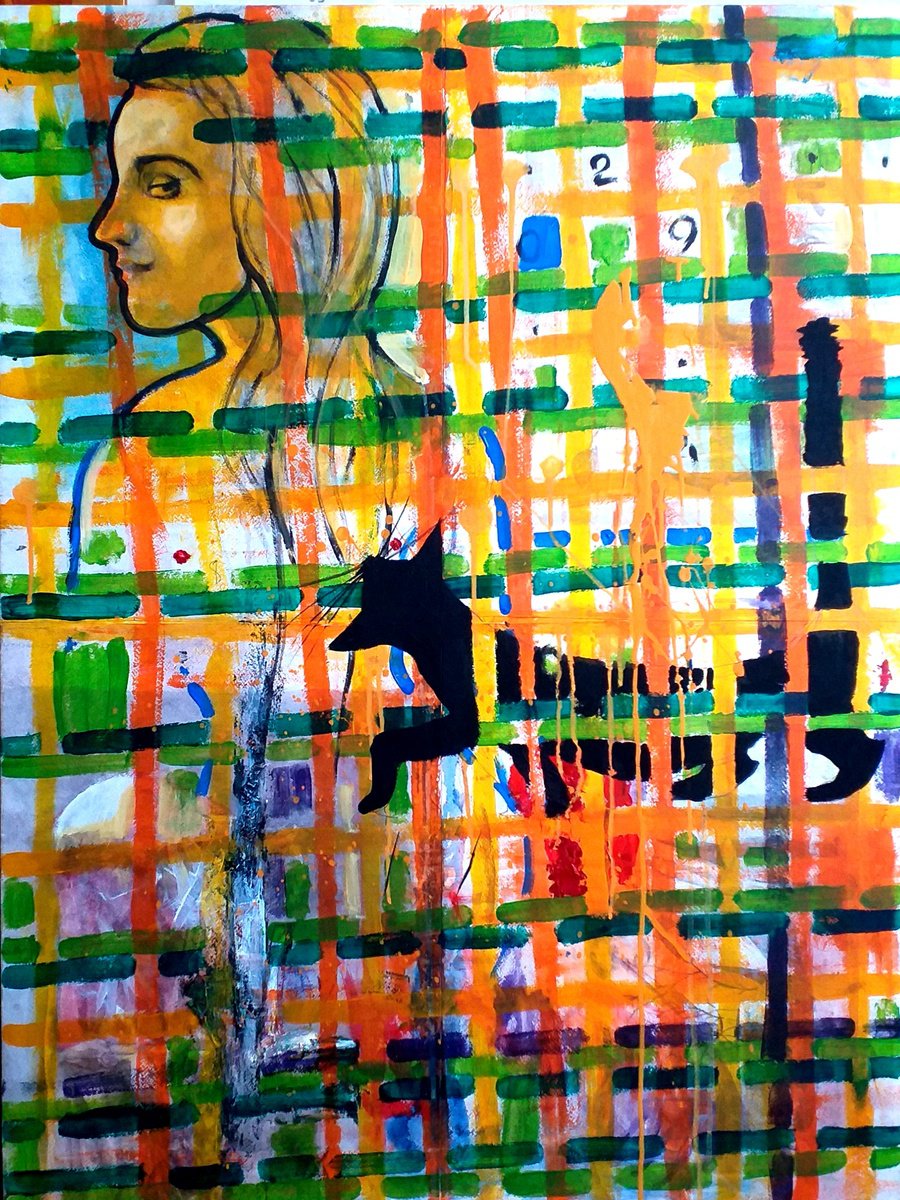 Portrait Acrylic Painting By Serhiy Roy, 30 X 39", Astral Cat, Original Artwork