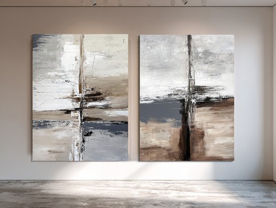 Parallel Ground.Neutral Abstract Diptych
