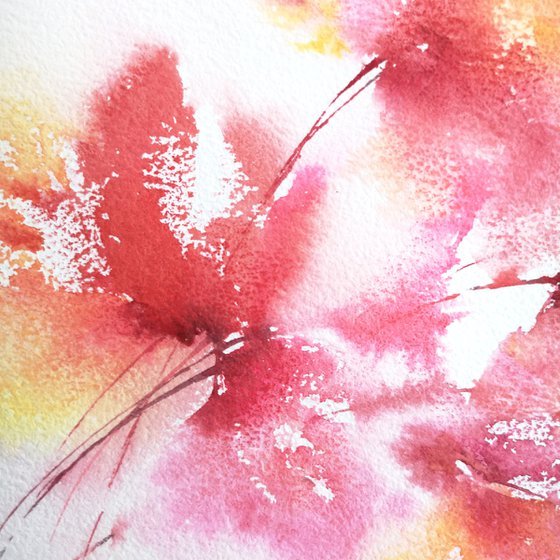 Red abstract flowers, small watercolor painting