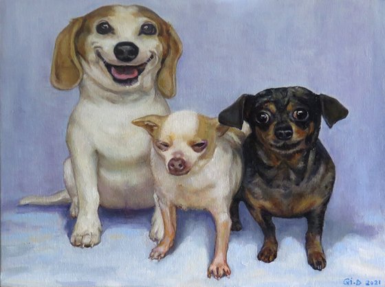 Commission Portraits of Three Dogs