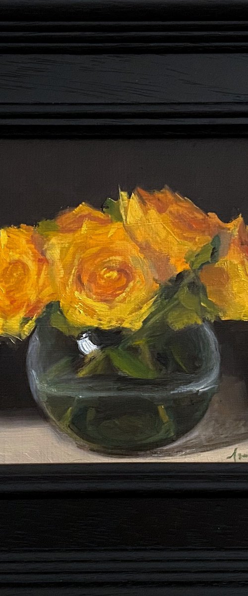 Yellow Roses Still Life original oil realism painting, with wooden frame. by Jackie Smith