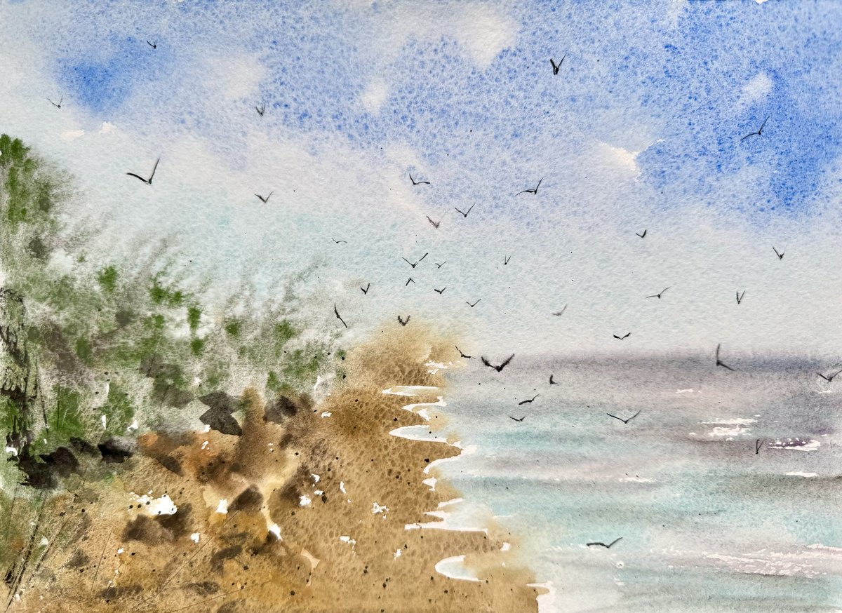 Impressionistic Watercolour , Etude Seascape With Seagulls By Yuliia Sharapova, 16 X 12, Artwork For Sale On Artfinder