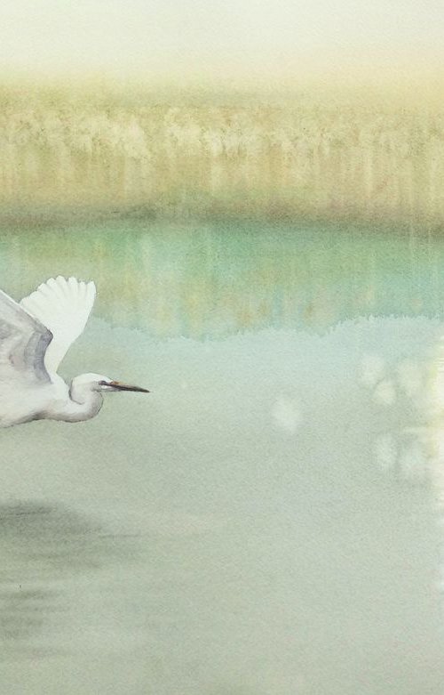 Serenity -  lake -  flying egr by Olga Beliaeva Watercolour