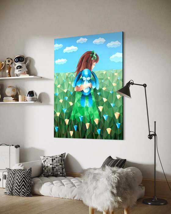 GIRL IN A FLOWER FIELD WITH A BLUE RABBIT