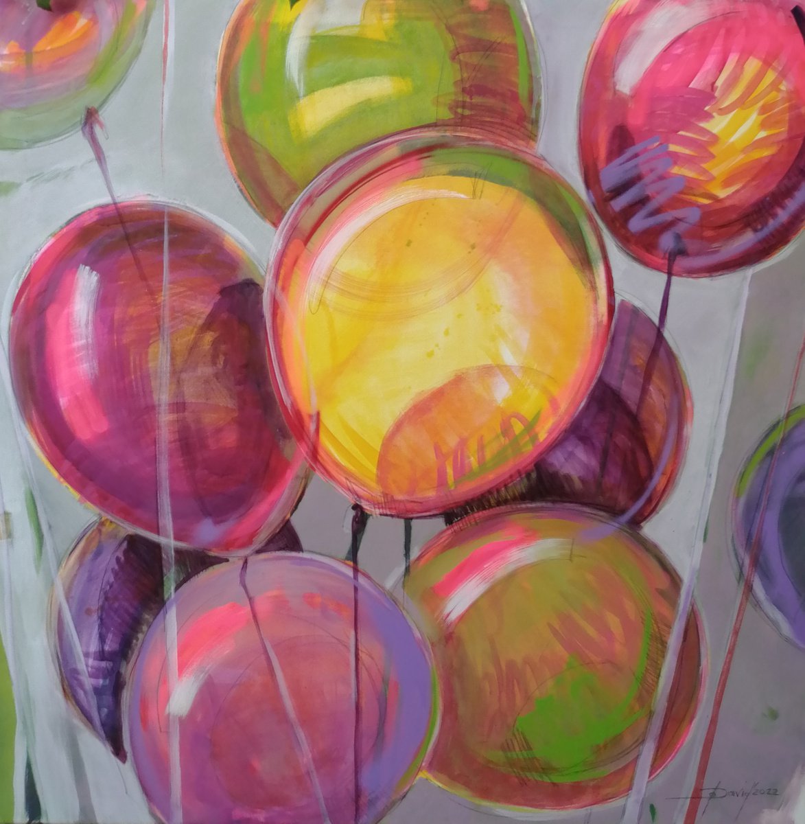 Expressive Still Life Painting By Olga David, 47 X 47", Balloons - My Day, Original Artwork
