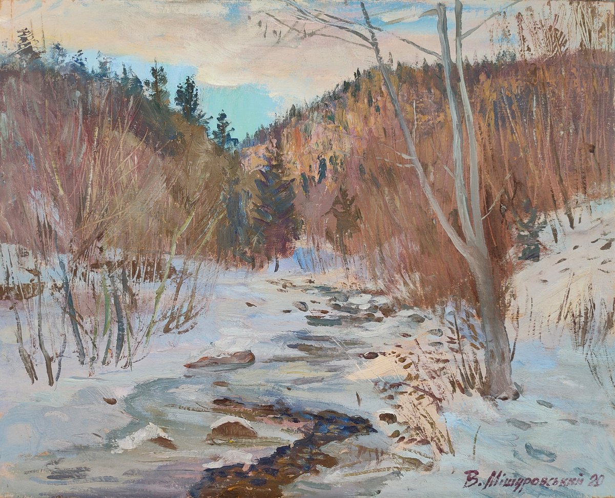 Impressionistic Landscape Oil Painting By Viktor Mishurovskiy, 19 X 16", Winter On The River, Original Artwork