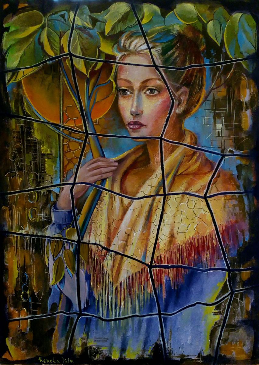 Expressive Portrait Oil Painting By Reneta Isin, 20 X 28", " 22 Squares Mexico ", Original Artwork