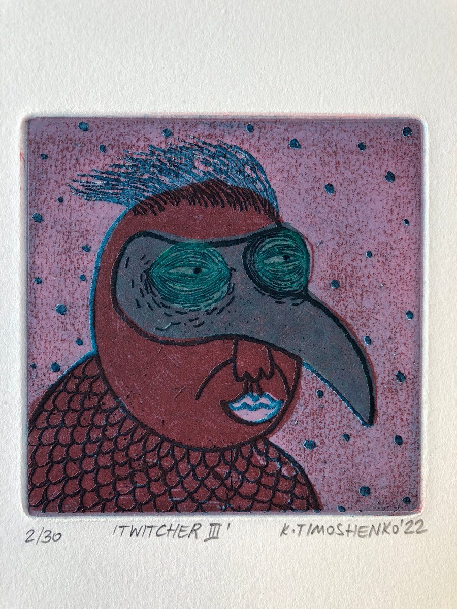 Graphic Portrait Etchings & Engravings By Katya Timoshenko, 7 X 7", Twitcher Iii, Original Artwork