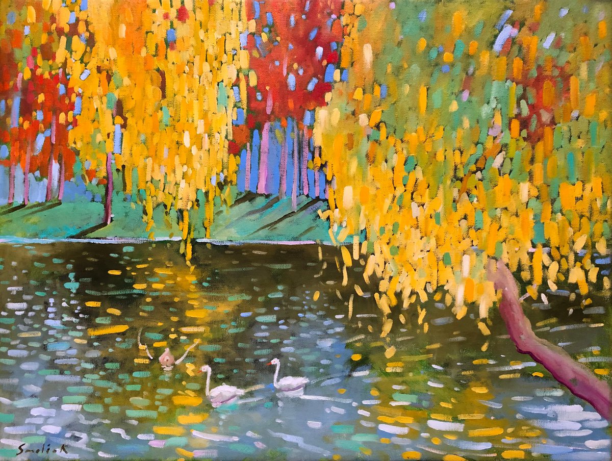 Impressionistic Landscape Oil Painting By Volodymyr Smoliak, 24 X 18", Autumn In Park, Original Artwork