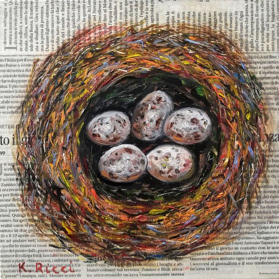 "Nest on Newspaper" Original Oil on Canvas Board Painting 8 by 8 inches (20x20 cm)