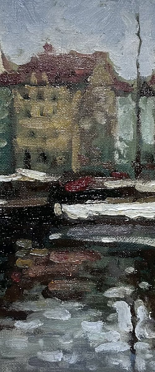 Original Oil Painting Wall Art Signed unframed Hand Made Jixiang Dong Canvas 25cm × 20cm Cityscape  New Harbor of Copenhagen Denmark Small Impressionism Impasto by Jixiang Dong