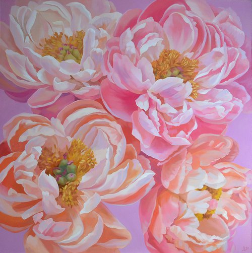 Pink Peonies large bloom 100x100 cm oil painting Peony flower Living room bedroom art by Julia Logunova