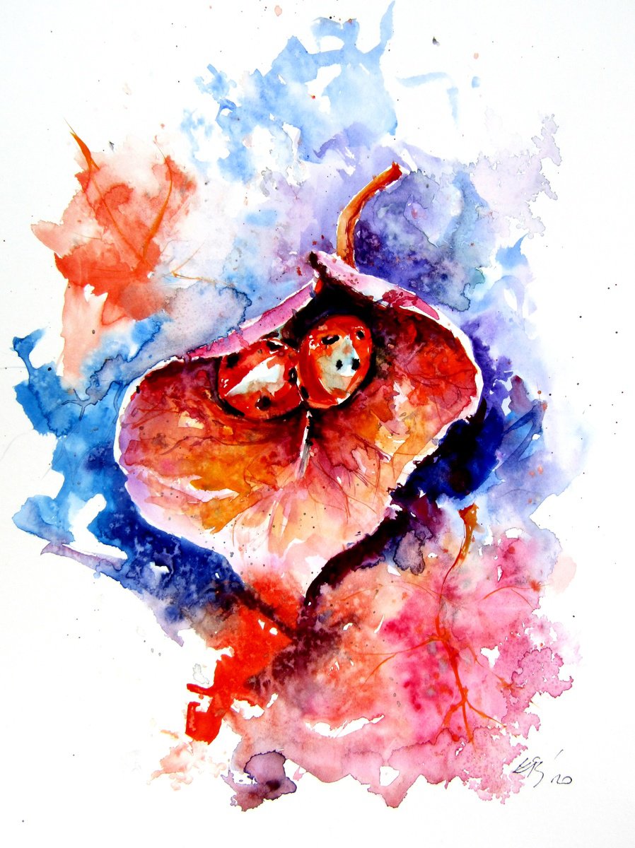 Impressionistic Animal Watercolour By Kovacs Anna Brigitta, 10 X 13", Ladybugs, Original Artwork