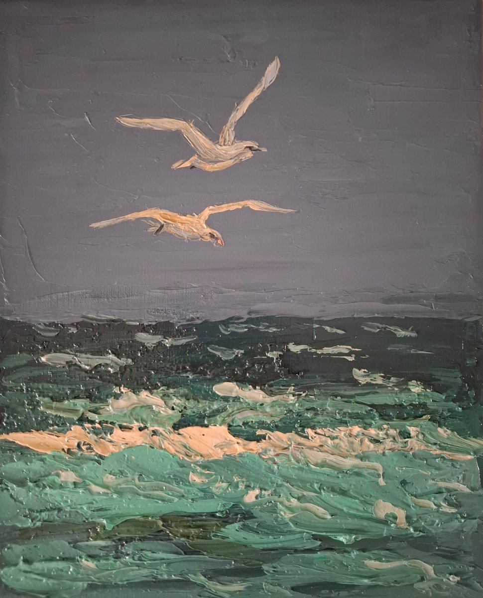Impressionistic Landscape Oil Painting By Olena Kolotova, 8 X 10", Landscape "Seagulls", 2024, Original Artwork