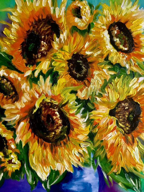 BOUQUET OF SUNFLOWERS inspired by VINCENT VAN GOGH . palette knife modern  oil still life painting on blue purple pink yellow Dutch style office home decor gift