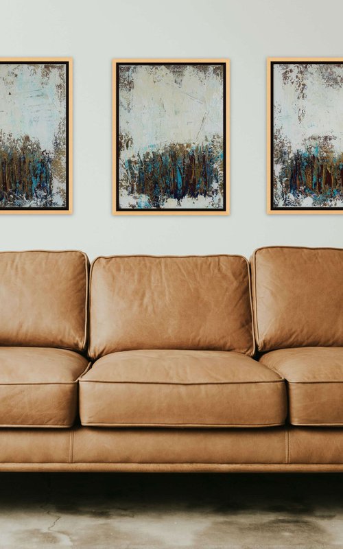 Large Abstract Painting. Modern Blue and Gold Textured Art. Painting with Structures. Triptych by Sveta Osborne