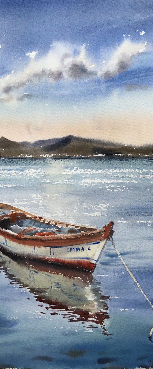 Boat at sunset by Eugenia Gorbacheva