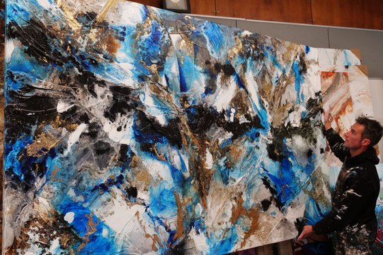 Coastal Grunge 250cm x 150cm Blue Rust Black Abstract Art