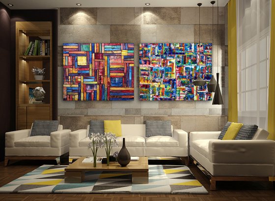 "Check Us Out" - FREE International Shipping/Discount USA Shipping - Original Xt Large PMS Abstract Diptych Oil Paintings On Canvas - 120" x 48"