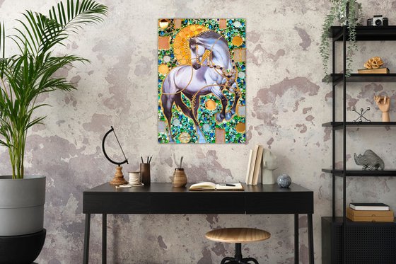 Pearl silver horse. Sun in the forest