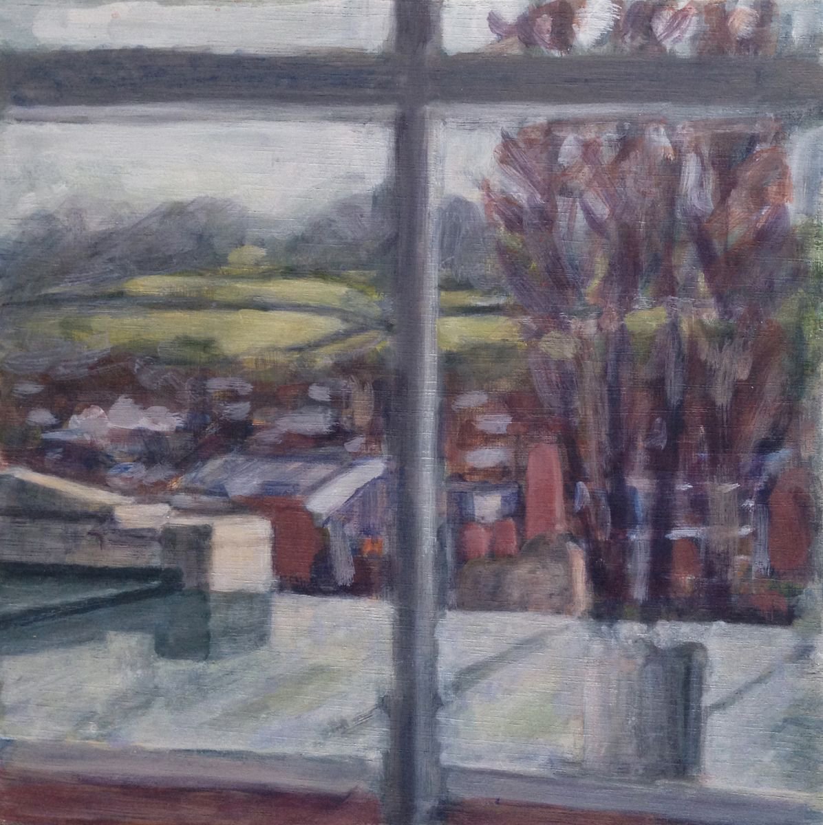Impressionistic Landscape Acrylic Painting By Hugo Lines, 9 X 9, The Bedroom Window, Original Artwork