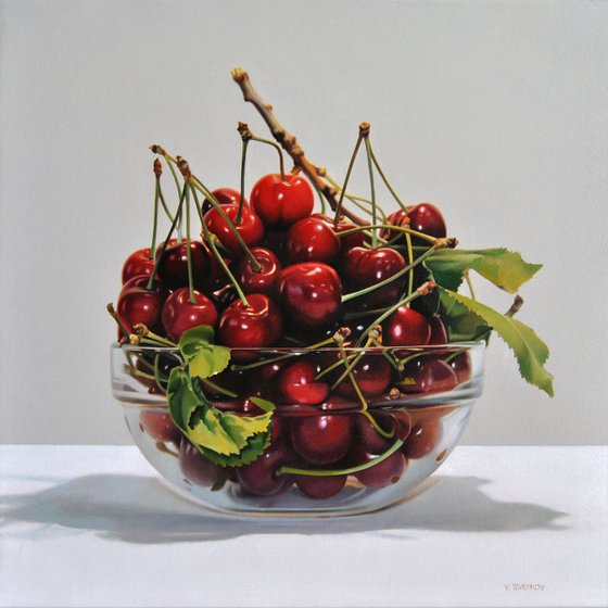 Still life with cherries II , Original oil on canvas painting