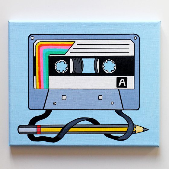 Cassette Tape and Pencil Retro Pop Art Painting On Canvas