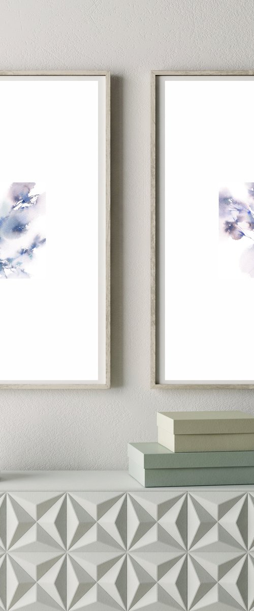 Blue flowers diptych. Watercolor painting set of 2 by Olga Grigo