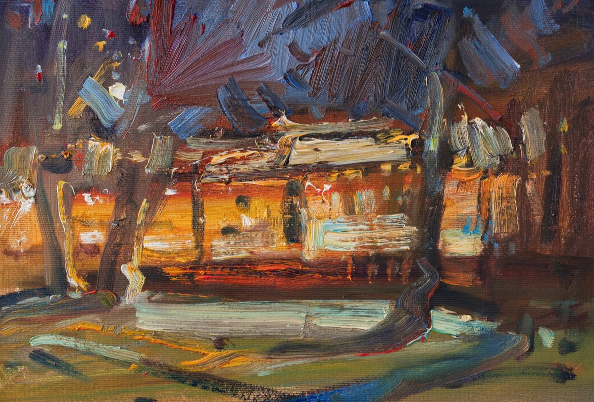 Expressive Cityscapes Oil Painting By Vasyl Moldavchuk, 12 X 8", Night Cafe, Original Artwork