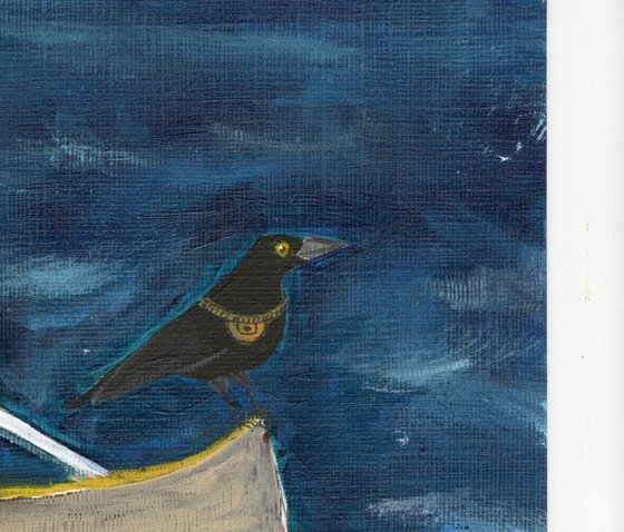 Whimsical Artwork - Illustration Lady with Tasmanian Tiger in canoe boat bird