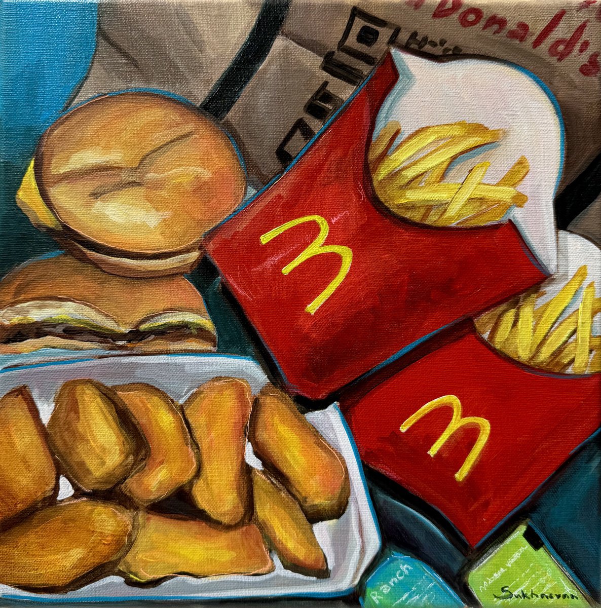 Impressionistic Cityscapes Acrylic Painting By Victoria Sukhasyan, 12 X 12", Mcdonalds Fries And Burgers, Original Artwork