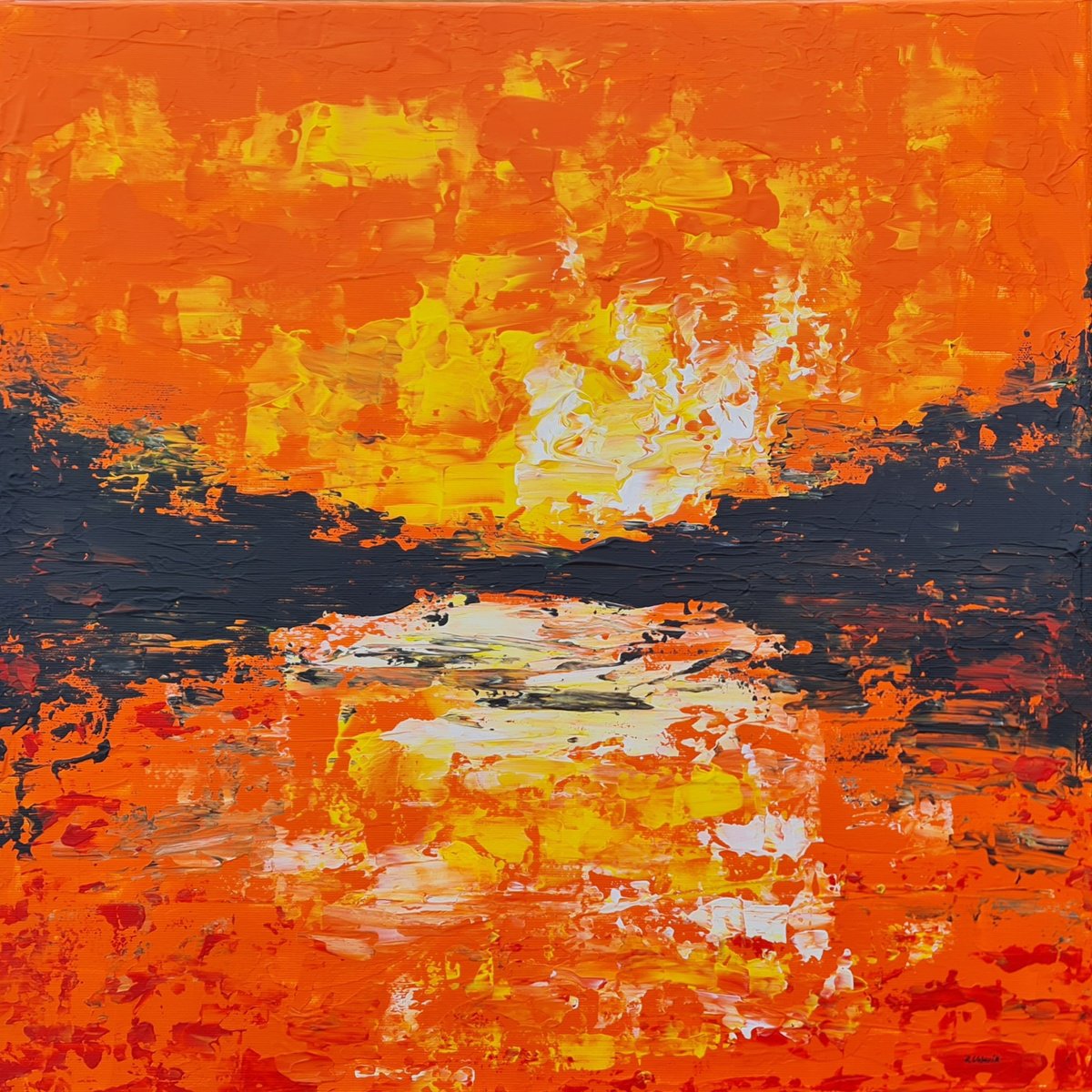 Abstract Landscape Acrylic Painting By Daniel Urbani?k, 20 X 20, Orange Sunrise, Original Artwork