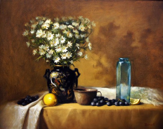 Daises. Floral Still Life, Original Oil Painting. Framed