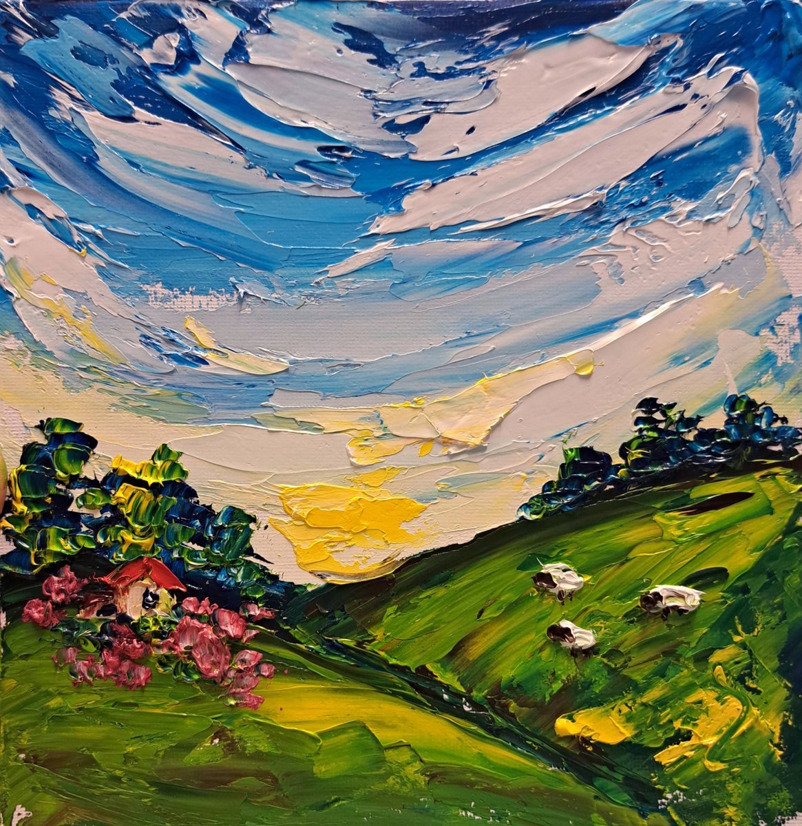 Impressionistic Landscape Oil Painting By Oksana Fedorova, 6 X 6", Sheep On The Meadow, Original Artwork