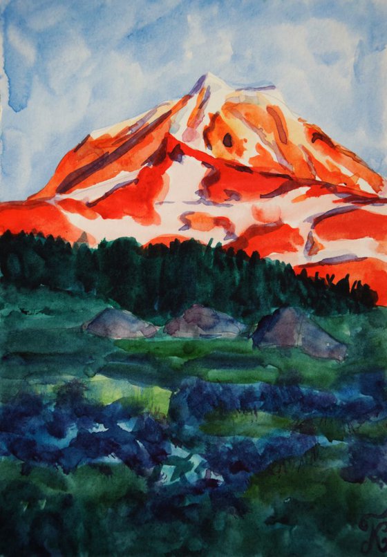 Sunset Mountains small watercolor painting postcard