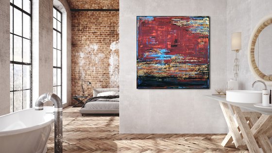 SPANISH NIGHTS - 120 x 120 CM - TEXTURED ACRYLIC PAINTING ON CANVAS * RED * GOLD