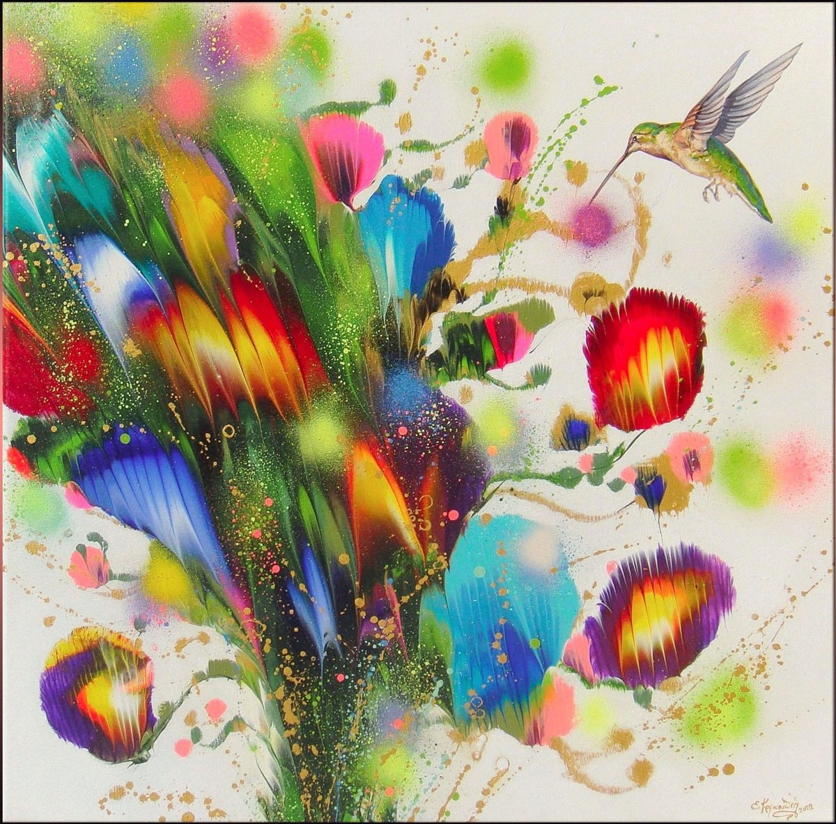 28.3" Flowers, Hummingbird "New Day" by Irini Karpikioti
