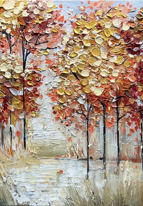 Quiet Nature - Abstract Colorful Trees Painting, Blossom Landscape Canvas Wall Art Painting, Large Abstract Red Flower Tree by Lana Guise