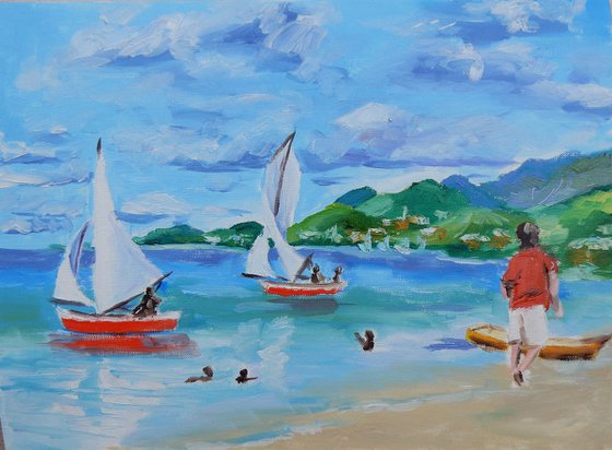 Summer, beach, boats. Seascape