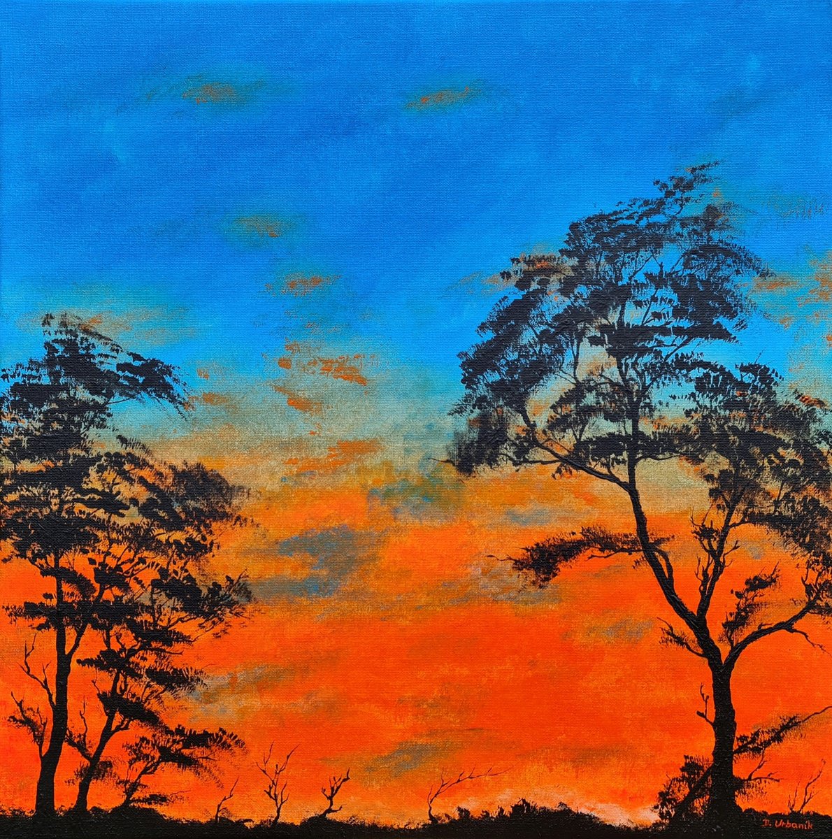 Impressionistic Landscape Acrylic Painting By Daniel Urbani?k, 20 X 20, Orange Sunset 2, Original Artwork