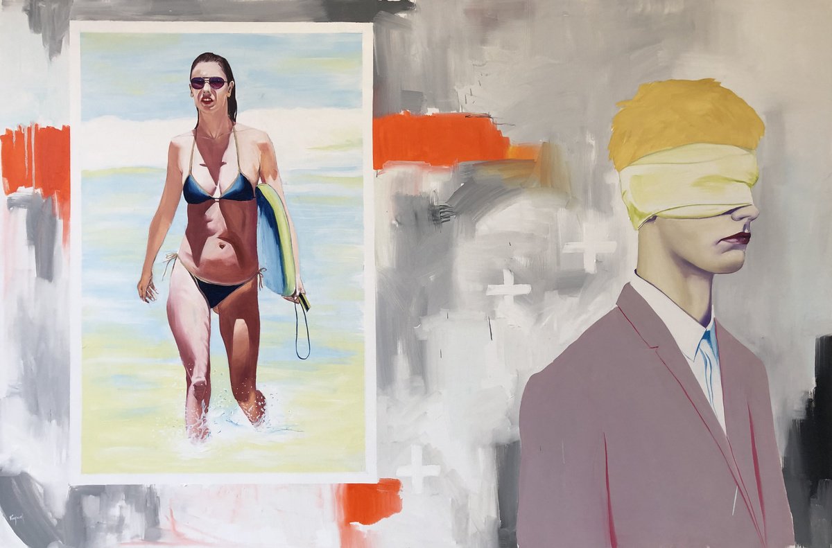 Urban And Pop Portrait Oil Painting By Kujbus Janos, 59 X 39", On The Wall, Original Artwork