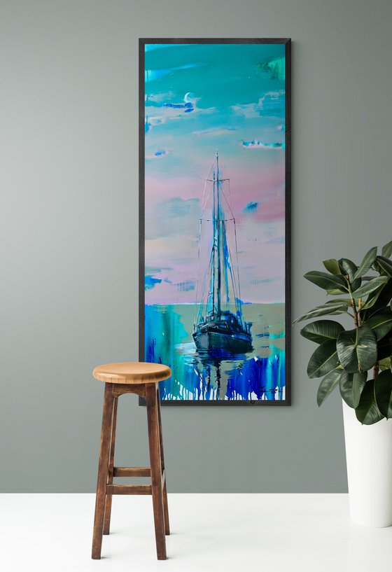 Big vertical painting - "Green dawn" - delicate color - sunset - sailing boat