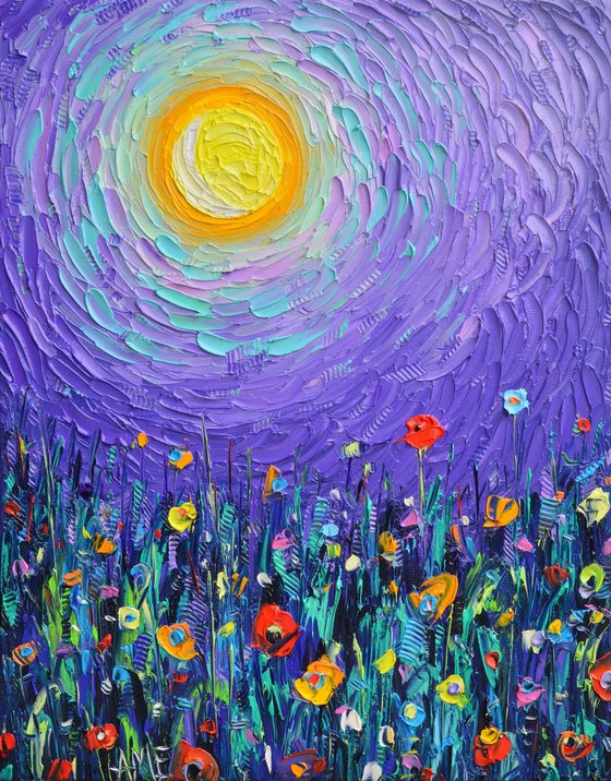 MAGIC NIGHT MEADOW BY MOONLIGHT  abstract colorful wildflowers landscape textural impressionist impasto palette knife oil painting by Ana Maria Edulescu