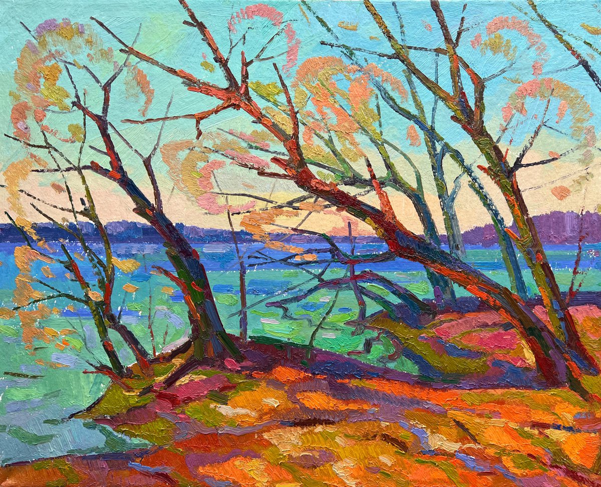 Impressionistic Landscape Oil Painting By Peter Tovpev, 26 X 31", Autumn Coast, Original Artwork