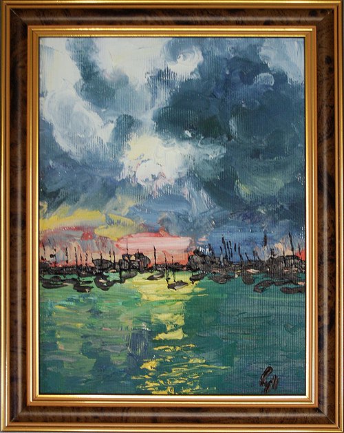 Sunset in the Harbour / framed / FROM MY A SERIES OF MINI WORKS LANDSCAPE / ORIGINAL PAINTING by Salana Art Gallery